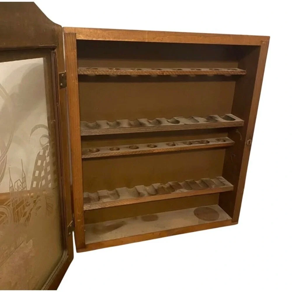 Vintage Wood Wall Display Cabinet‎ Etched London Glass Spoon Rack Curio Case